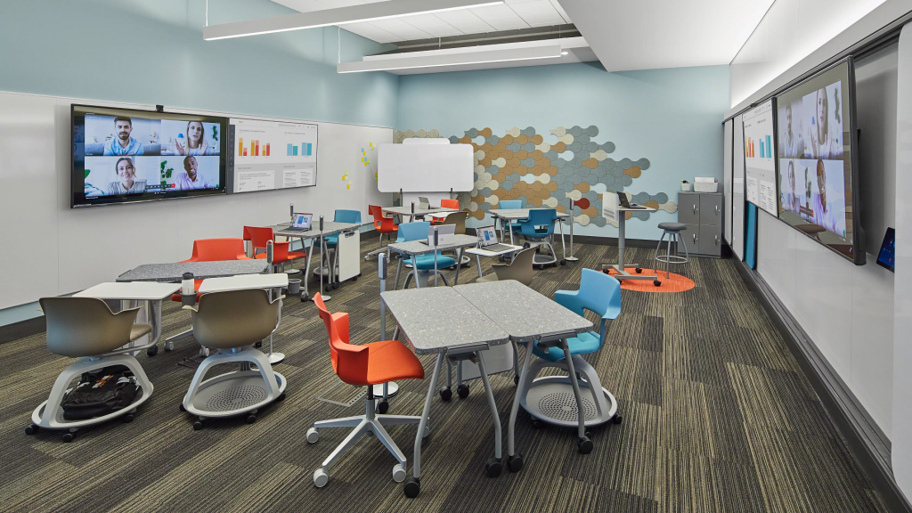 Der moderne Unterrichtsraum mit Plug and Play bietet den Lernenden eine Vielzahl an Aktivitätszonen