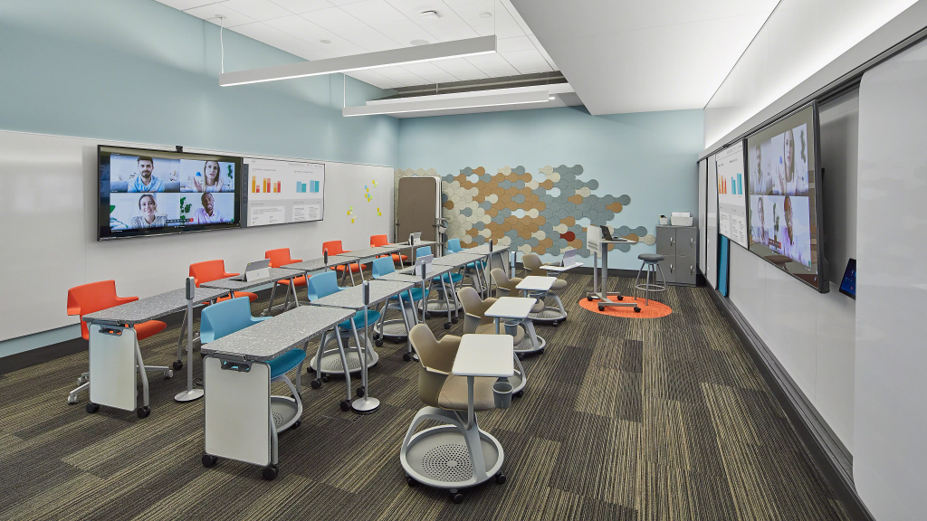 Der flexible und moderne Unterrichtsraum mit Plug and Play bietet den Lernenden eine Vielzahl an Aktivitätszonen